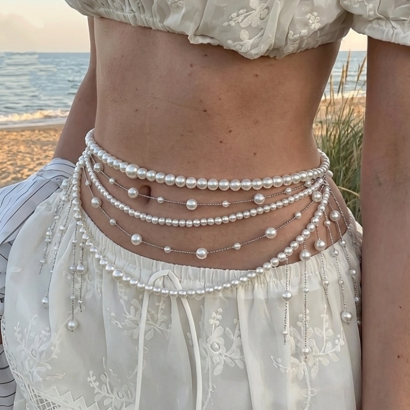 Body Jewelry High End - Cadena de Cintura de Perlas Multicapa